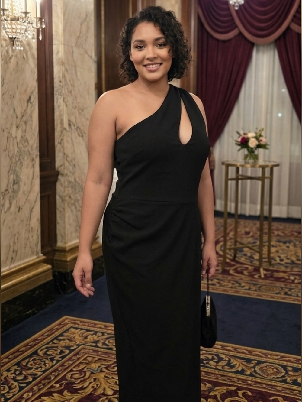 Rachel Roy One-Shoulder Black Evening Dress with Keyhole Open Back Full Length